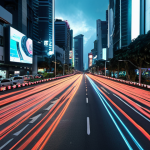 **Image Prompt 1: Dynamic AI-Powered Traffic Optimization**
    A futuristic, bustling urban intersection in Kuala Lumpur, reminiscent of Jalan Tun Razak or Bukit Bintang, at dusk. Instead of traditional traffic lights, glowing holographic data streams and digital overlays are visible, emanating from sleek, integrated smart poles and sensors embedded in the infrastructure. Cars, lorries, and motorcycles (both conventional and early autonomous models) are moving in an optimized flow, guided by dynamic AI algorithms. The scene should convey a sense of intelligent control, efficiency, and a drastic reduction in congestion, with visible real-time data visualizations showing vehicle counts, speeds, and routes being managed seamlessly by the central AI system. The overall mood is high-tech, efficient, and forward-thinking.