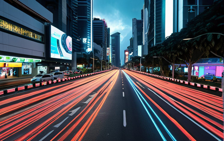 **Image Prompt 1: Dynamic AI-Powered Traffic Optimization**
A futuristic, bustling urban intersection in Kuala Lumpur, reminiscent of Jalan Tun Razak or Bukit Bintang, at dusk. Instead of traditional traffic lights, glowing holographic data streams and digital overlays are visible, emanating from sleek, integrated smart poles and sensors embedded in the infrastructure. Cars, lorries, and motorcycles (both conventional and early autonomous models) are moving in an optimized flow, guided by dynamic AI algorithms. The scene should convey a sense of intelligent control, efficiency, and a drastic reduction in congestion, with visible real-time data visualizations showing vehicle counts, speeds, and routes being managed seamlessly by the central AI system. The overall mood is high-tech, efficient, and forward-thinking.